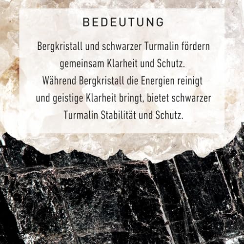 happymaker - Schwarzer Turmalin Kette mit Bergkristall, Stoffband mit 18k vergoldeten Perlen und echten Edelsteinen, Turmalin und Bergkristall Anhänger, lange Kette Damen, handgefertigt in Deutschland