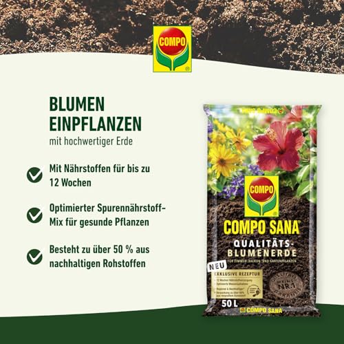 COMPO SANA Qualitäts-Blumenerde mit 12 Wochen Dünger für alle Zimmer-, Balkon- und Gartenpflanzen 10 l