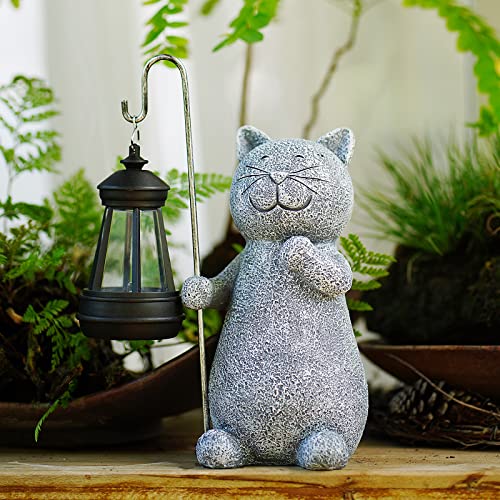 Yeomoo Katze Gartenfiguren für Außen mit Solar Laterne – Lustig Wasserdicht Solarlampe Figur Gartendeko für Draußen Balkon Terrassen Geschenke für Frauen Männer Mama Geburtstag Feengarten Grau