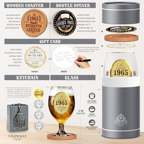 CROWNLY CRYSTAL® 1965 60th Birthday Personalized Beer Glasses for Men - Decorations and Presents for Him, Husband Gift Ideas