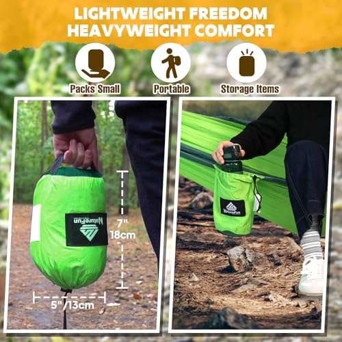 NATUREFUN Ultraleichte Reise Camping Hängematte | 300kg Tragkraft (275 x 140 cm) Atmungsaktiv, Schnelltrocknendes Fallschirm Nylon | 2 x Premium Karabiner,2 x Schlingen| Drinnen Draußen Garten