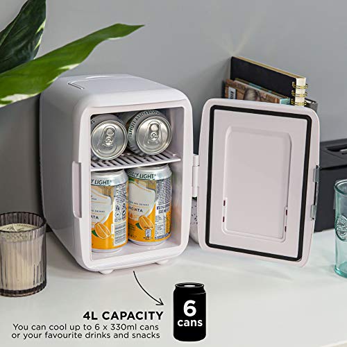 Russell Hobbs RH4CLR1001 4L/6 Can Portable Mini Cooler & Warmer for Drinks, Cosmetics/Makeup/Skincare, AC/DC Power, Retro Style, White, For Bedroom, Home, Caravan, Car