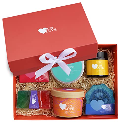 JUST LOVE® hochwertiges Wellness & Körperpflege Set mit Massage-Kerze, Peelings uvm. Weihnachtsgeschenke für Frauen, natürliche Entspannung, Beauty Set, Geschenke für Frauen, Geschenk Muttertag