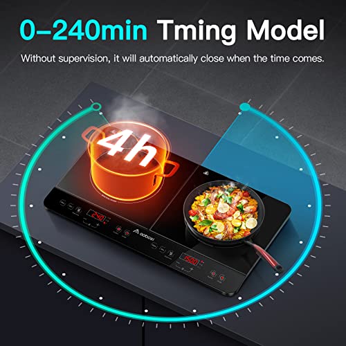 Aobosi Double Induction hob,Induction Cooker with Portable Black Glass Plate, Independent Control,One-click Max and Min Power Control 2800W,20 Temperature Setting[Upgrade],Safety Lock,4-Hour Timer