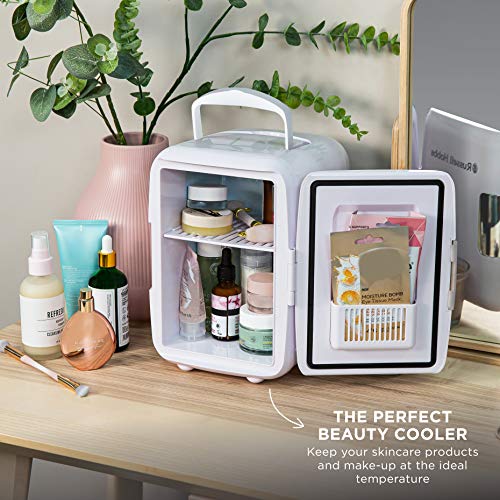 Russell Hobbs RH4CLR1001 4L/6 Can Portable Mini Cooler & Warmer for Drinks, Cosmetics/Makeup/Skincare, AC/DC Power, Retro Style, White, For Bedroom, Home, Caravan, Car