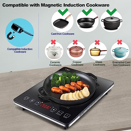 AMZCHEF Single Induction Cooker, Ultra-thin Induction Hob with Fashion Look, 10-level Power and Temperature Control, Black Frosted Glass Panel, Touch Sensor, 3-hour Timer, Safety Lock