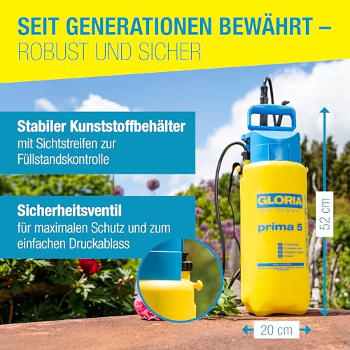 GLORIA Drucksprüher prima 5 | Gartenspritze/Sprühgerät für den Pflanzenschutz | 5 L Füllinhalt | Verstellbare Messingdüse, Gelb, Schwarz, Blau
