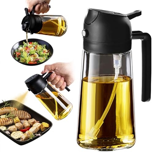 TrendPlain 16oz Ölsprüher für Speiseöl – 470ml Olivenöl Flasche – 2-in-1 Ölspender und Ölsprüher – Küchen Gadgets für Kochen, Salat und Grill Schwarz