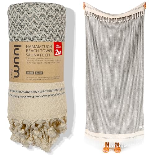 Luum® Hamamtuch groß 90x200 Strandtuch XXL Saunahandtuch Handtuch Yogatuch Duschtuch Strandhandtuch Saunatuch Badetuch Reisehandtuch Pestemal Turkish Towels, Damen Herren, 100% Baumwolle, Beige