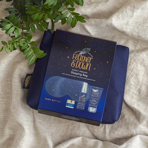 Feather & Down Sleeping Bag Gift Set (luxury eye mask, sleep balm, pillow spray and shower cream) - with calming lavender & chamomile essential oils. Vegan Friendly & Cruelty Free.