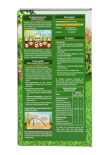 COMPO Rasendünger mit Langzeitwirkung - Keine Chance für Moos und Unkraut – 1,5 kg für 60 m² - COMPO Rasen Langzeit-Dünger Perfect