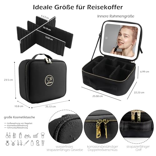 MOMIRA Reise-Makeup Tasche Kosmetiktasche mit beleuchtetem Spiegel, Einstellbarer Helligkeit in 3 Farbszenarien, Geschenk für Frauen - Schwarz