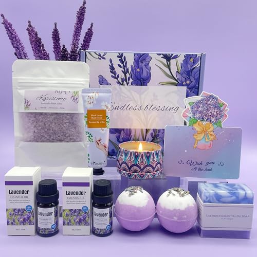 Bath Set Pamper Gifts For Women, Get Well Soon Gift For Her, Lavender Skin Care Gifts Ideas For Mum, Best Friend, Sister, Relaxation SPA Ladies Self Care Hampers, Female Anniversary Birthday Presents