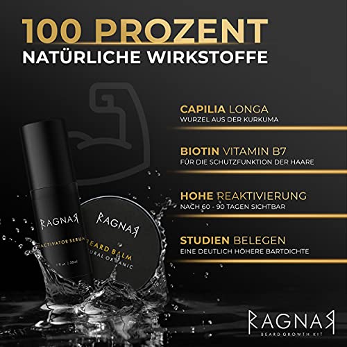 RAGNAR - Bart Set | Bartwuchsmittel für Männer | Bartwuchs fördern | Bartlücken schließen | Bartwachstumsserum | Bartroller + Gratis Bartbalsam/Bartwachs