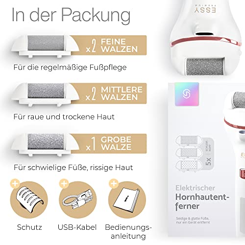 Essy Hornhautentferner Elektrisch Testsieger mit 5 Ersatzrollen Hornhaut Entfernen Elektrischer Hornhautentferner Fußpflegegerät Pediküre Set Elektronisch Fußpflege Hornhautfeile (White)