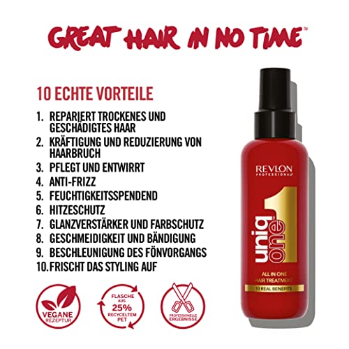 REVLON PROFESSIONAL UniqOne Hair Treatment Classic, 150 ml, Leave in Haarkur für bessere Kämmbarkeit & Glanz, Haarpflege ohne Ausspülen, Anti Frizz Spray mit Hitzeschutz, vegan