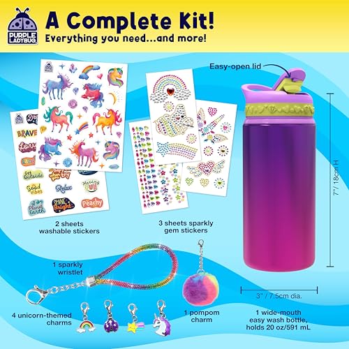 PURPLE LADYBUG Decorate Your Own Water Bottle Craft Kits for Kids - 6 Year Old Girl Gifts, Girls Birthday Presents, Arts and Crafts for Kids Ages 5-12, Unicorn Gifts for Girls