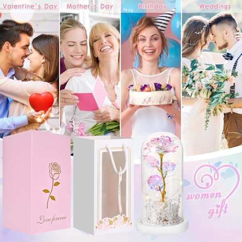 LinjunFa Eternal Rose-Forever Rose Gift Women,Birthday Gift for Women,Rose Gift for Her,Light Up Galaxy Roses in Glass,Beauty and The Beast Rose with LED Light,Flower Present for Women,Girlfriend