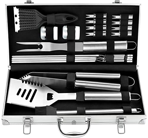 ROMANTICIST 20PCS Edelstahl Grillset für Geschenk - Edelstahl Grillzubehör Set im Aluminium - Professionelle Grillbesteck Koffer für Männer Frauen