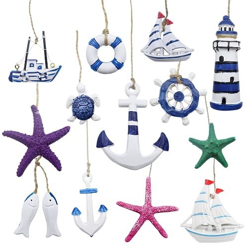 13 Stücke Maritime Anhänger Nautische Deko Maritimes Dekorationsset zum Aufhängen Anker Seestern Rettungsring Fisch Leuchtturm Steuerrad für Mini-Fischernetz Wanddekorationen Im Strand Küstenmotiv
