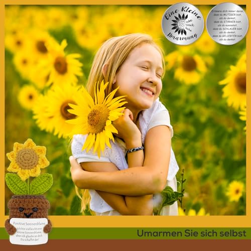 Tixlux Pocket Hug Positive Sonnenblume, Kreative Strickwolle Sonnenblume Puppe und Kleine Umarmung Glücksbringer, MutmacherGeschenk, Gute Besserung Geschenk, Geschenk zum Abschluss