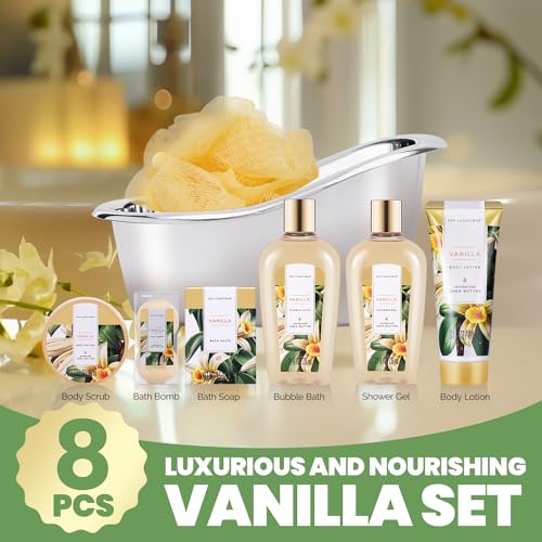 Spa Luxetique Spa Gift Sets, Gifts for Her, 8pcs Vanilla Bath Sets with Body Butter, Bubble Bath, Bath Bomb, Bath Sets for Women Gifts, Christmas Gifts, Gifts for Women