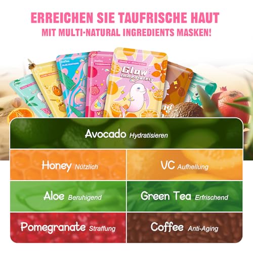 Tuchmasken Gesicht, Masken Beauty, Zealsea Natürlich Gesichtsmaske für Teenager Mädchen Geschenke, Pamper Tuchmaske Beauty Set für Kinder & Frauen Spa Party, Feuchtigkeitsspendend, Beruhigend 7Stück
