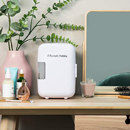 Russell Hobbs RH4CLR1001 4L/6 Can Portable Mini Cooler & Warmer for Drinks, Cosmetics/Makeup/Skincare, AC/DC Power, Retro Style, White, For Bedroom, Home, Caravan, Car