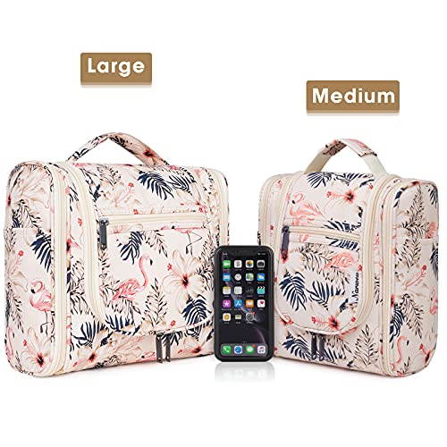 Narwey Groß Kulturbeutel Damen & Herren - Gross Kulturtasche Zum Aufhängen, Kinder Kosmetiktasche - Waschtasche für Mädchen (Beiger Flamingo (Groß))