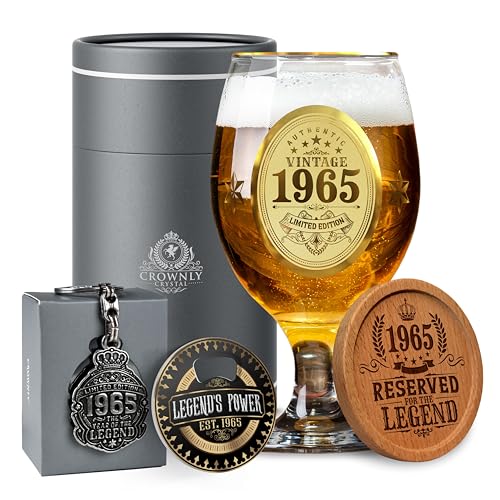 CROWNLY CRYSTAL® 1965 60th Birthday Personalized Beer Glasses for Men - Decorations and Presents for Him, Husband Gift Ideas