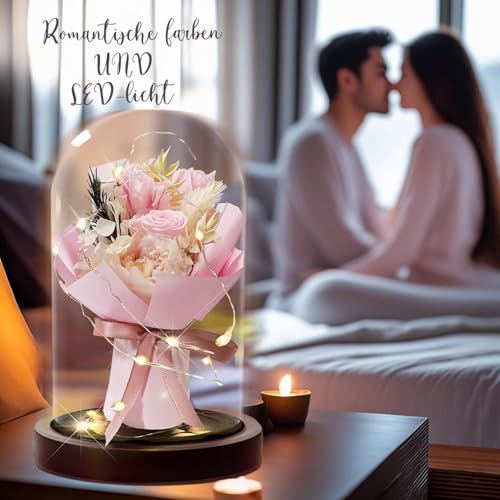 DINGHENG Ewige Rose im Glas mit LED, Rosa Rose Blumenstrauß, Geschenk für Frauen, Dekoration für Zuhause, Langlebige Echte Blumen für Freundin Weihnachten Valentinstag Muttertag Geburtstag