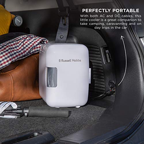 Russell Hobbs RH4CLR1001 4L/6 Can Portable Mini Cooler & Warmer for Drinks, Cosmetics/Makeup/Skincare, AC/DC Power, Retro Style, White, For Bedroom, Home, Caravan, Car