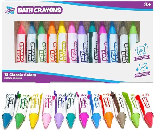 Tub Works® Badestifte Badespielzeug, 12 Stifte | Ungiftige, abwaschbare Badewannenstifte für Kleinkinder & Kinder | Malt klar auf nassen & trockenen Wannenwänden | Sechseck-Griff-Badewannenmalstifte
