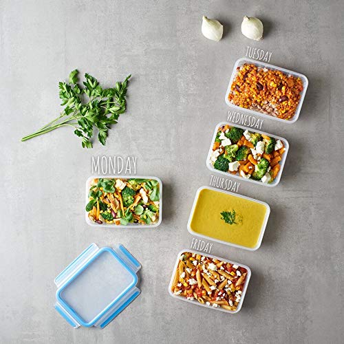 Emsa Clip&Close Frischhaltedose Mealprep-Set N10307|5-teiliges Set|Vorratsdosen| 0,8 Liter|100% dicht + hygienisch|Frische Dichtung|Spülmaschinen-, Mikrowellen-, und Gefriergeeignet, Transparent/Blau
