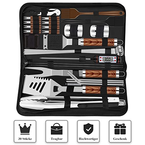 Grilliance BBQ Grillbesteck Set 30 Grillzubehör aus Hochwertiger Edelstahl Grillzange Grillspachtel Korkenzieher Grillset mit Grillkoffer und Grillmatte für Männer Geschenk für Garten Camping Braun