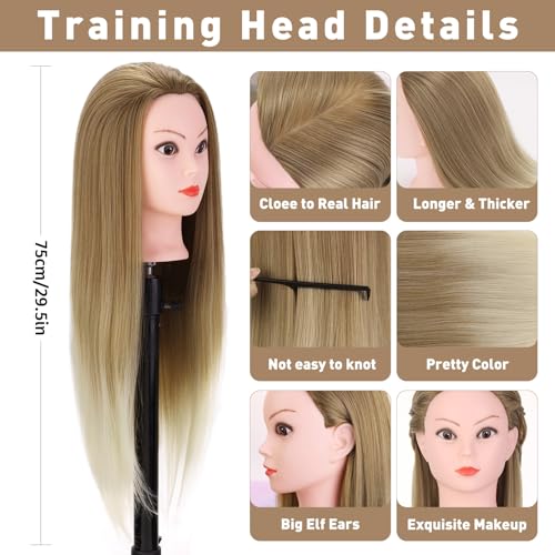 Frisierkopf Echthaar, TopDirect 75cm/29.5 Zoll 100% Synthetisches Haar Trainingsköpfe für Friseure, Übungskopf Friseur Puppe Mannequin Kopf mit Tischhalter + DIY Haare Frisuren Set
