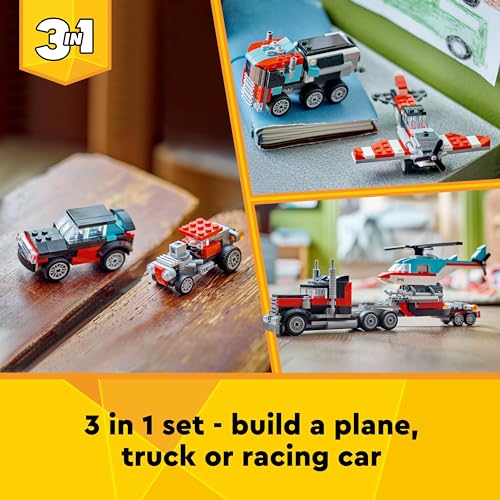 LEGO Creator 3in1 Flatbed Truck with Helicopter Toy to Propeller Plane and Fuel Lorry to Hot Rod and SUV Car Toys for 7 Plus Year Old Boys, Girls and Kids who Love Cool Vehicles, Gift Idea 31146