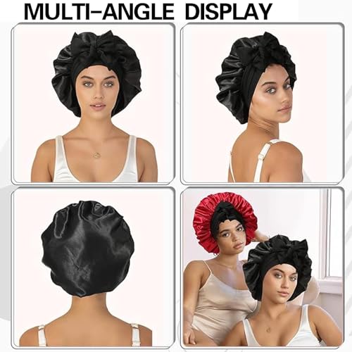 Seidenhaube zum Schlafen,Silk Bonnet,Schlafhaube Seide,Verstellbare Satin Haarhaube,Damen Satin Haarhaube,Weiche Satin Bonnet,Schwarz Seidenhaube zum Schlafen,für Damen und Mädchen