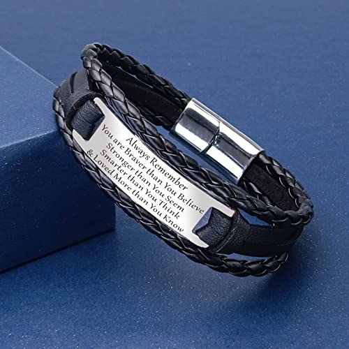 HAYOUWAY Mens Leather Bracelet Gifts for Him Men, Personalised Handmade Braided Leather Bracelet for Men Women Teen Boys Son Gifts with Stainless Steel Magnetic Clasp Engraved Inspirational Quote