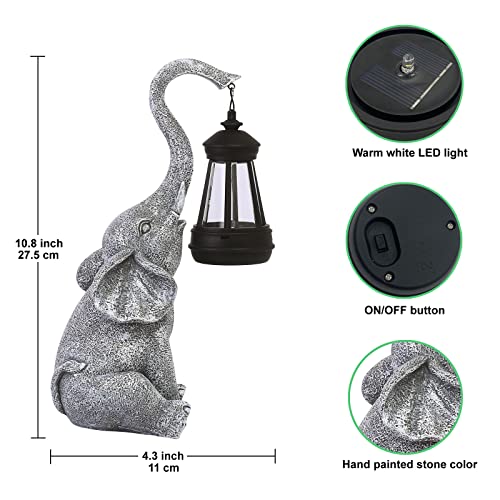 Yeomoo Elefanten Deko mit Solar Laterne Gartenfiguren - für Außen Gartendeko mit Wetterfest LED Solarlampe für Balkon Garten, Geschenke für Frauen Männer Mama Geburtstagsgeschenk Grau