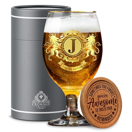 CROWNLY CRYSTAL® Personalised Beer Glass Gift for Men Dad Grandad Boyfriend Birthday Gifts Husband Uncle Presents (J)