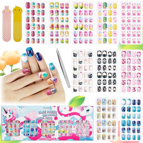 240 Stück künstliche Fingernägel für Kinder, kurze Aufstecknägel mit Nagelkleber für Kinder und Mädchen, kein Verblassen,stabil,schnell aufklebbares Nagelset,Geschenk für Kinder(Funkelndes Einhorn)