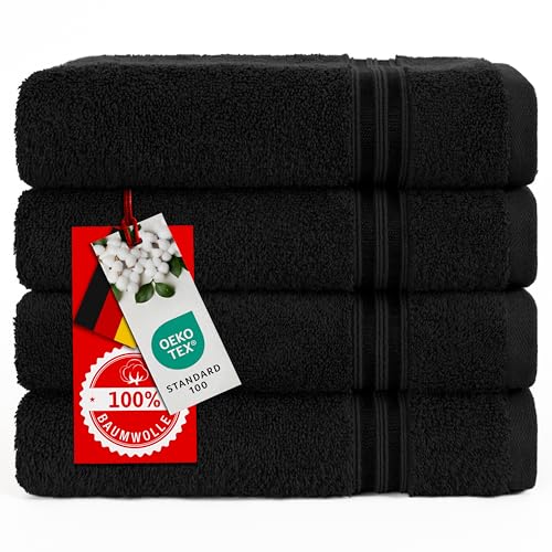 Hammetex 4er Handtücher Set, 100% Baumwolle Premium Qualität Groß 50x100cm Handtuch, Weich Saugstark Schnell Trocknendes Händehandtuch, Schwarz