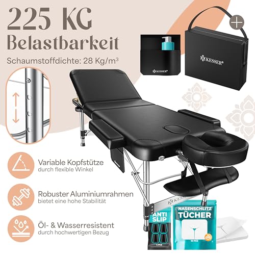 KESSER® Mobile Massageliege klappbar & höhenverstellbar 3 Zonen Massagebett Massagetisch Kosmetikliege Breit Therapieliege Aluminium + 10x Gesichtsauflage mit Kopfstütze Armlehnen & Tasche Schwarz