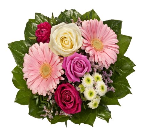 Dominik Blumen und Pflanzen, Blumenstrauß "Tango" aus 3 Rosen, Ranunkel, Chrysantheme und Gerbera