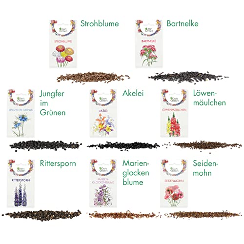 OwnGrown Blumensamen-Set - 8 Historische Blumen Samen Sorten - Mohnsamen, Akelei, Rittersporn, Glockenblumen, Strohblumen, Löwenmäulchen Pflanzenliebhaber und Blumenfreunde