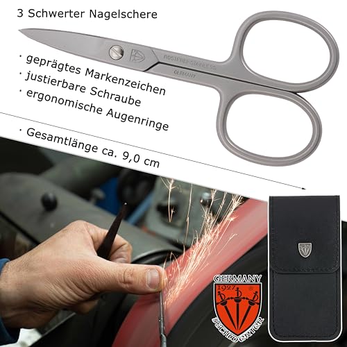 DREI SCHWERTER - Nagelschere gebogen | Scharfe Klinge zum exakten Schneiden von Nägeln. Rostfreie Markenqualität MADE IN GERMANY | Inhalt: Schwarzes Nageletui aus Kunstleder