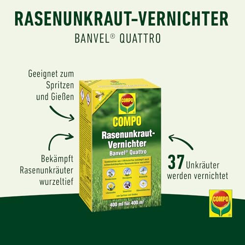 COMPO Rasenunkraut-Vernichter Banvel Quattro, Bekämpfung von schwerbekämpfbaren Unkräutern im Rasen, Konzentrat, 400 ml (400 m²)