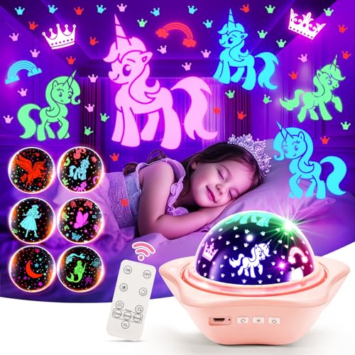 One Fire Sternenhimmel Projektor Kinder, 90 Lichtmodi+6 Filme Nachtlicht Kinder Nachtlicht Baby, 360° Drehung Einhorn Geschenke für Mädchen, Fernbedienung Spielzeug ab 1-9 Jahre Mädchen, Zimmer Deko