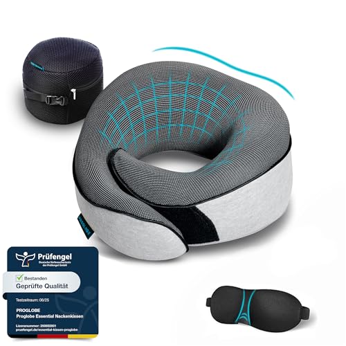 Proglobe Nackenkissen Flugzeug, Reisekissen 100% Memory Foam, Orthopädisches Nackenhörnchen, Ideal für Reisen mit Flugzeug, Auto, Zug Mit 3D-Schlafmaske, Hochwertige Netztasche, Grau